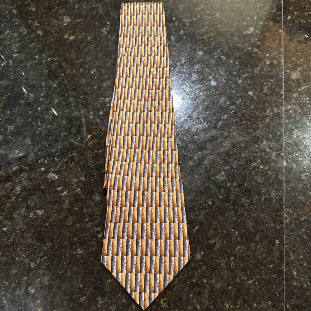 Vintage Oscar de la Renta 100% Silk Tie Made Korea Gold Blue Geometric Necktie
